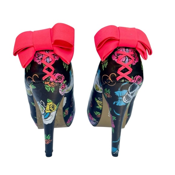 Iron Fist Pin Up Peep-Toe Heels US 6 Goth Witchy Rocker Pink Bow Mexican Skulls - Picture 8 of 16